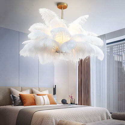 Modern Real Ostrich Feather Chandelier - Luxury Gold Pendant Light