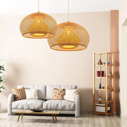 Bamboo Drum Hanging Ceiling Lights Woven Chandelier Lamp Shades-[Modern pendant lighting for bedroom and living space]-Demolights UK